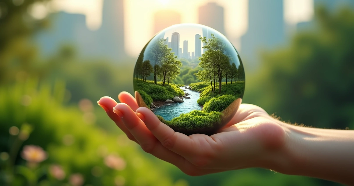 Mão sustentando esfera com floresta refletindo cidade ao fundo 