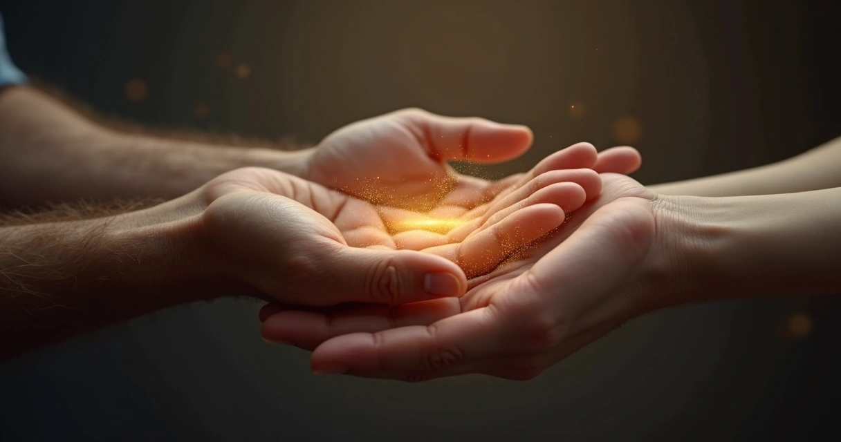 Três mãos de gerações diferentes ligadas por fio de luz 