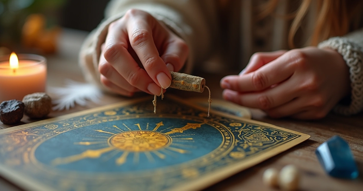 Mão feminina tira runa ao lado de cartas de tarot 