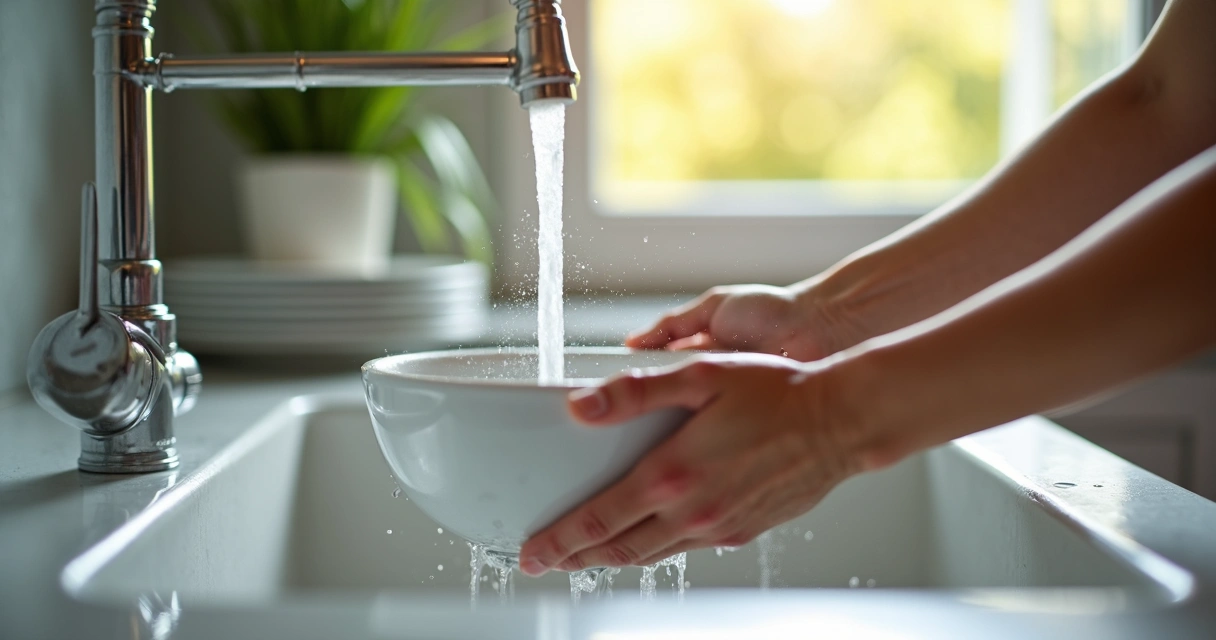 Mão lavando utensílio na pia da cozinha 