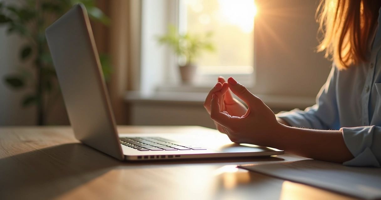 Mãos em mudra próximo ao notebook, ambiente de reunião online 