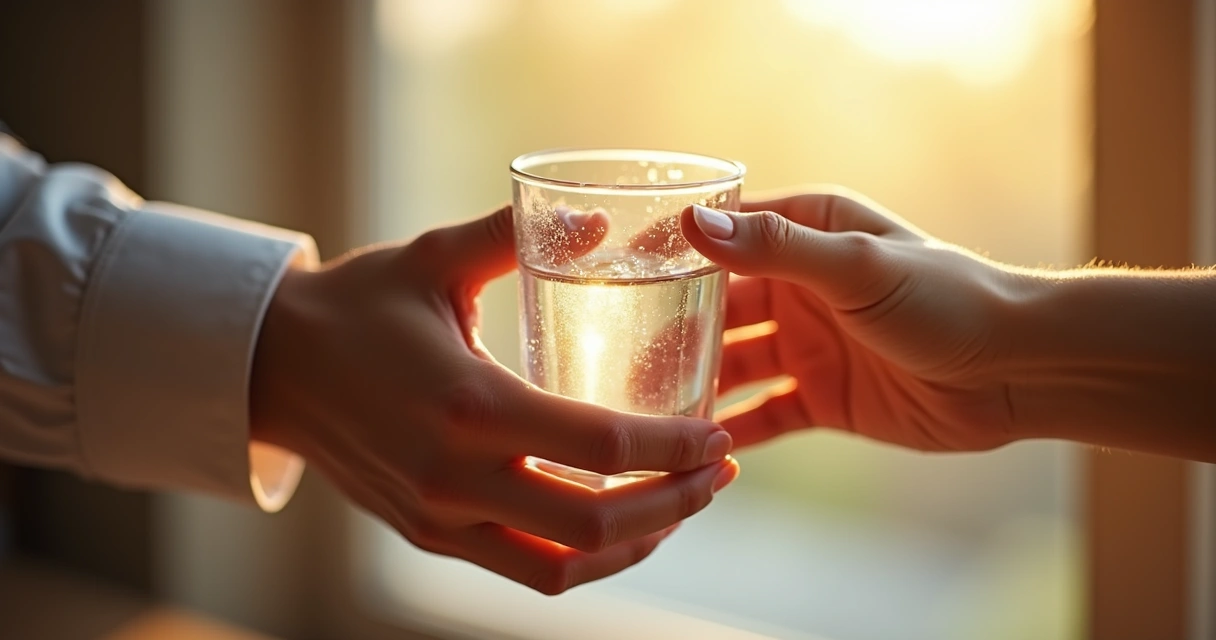 Mão oferecendo copo de água para outra pessoa 