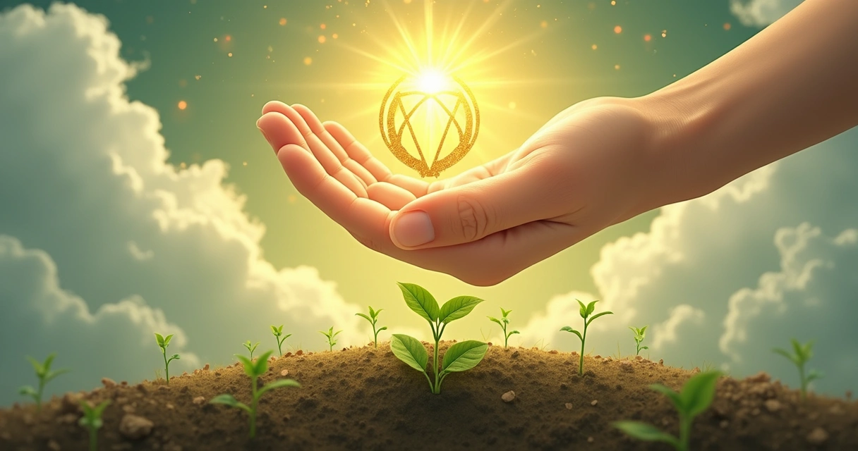 Mão segurando um pentáculo dourado acima do solo fértil. 