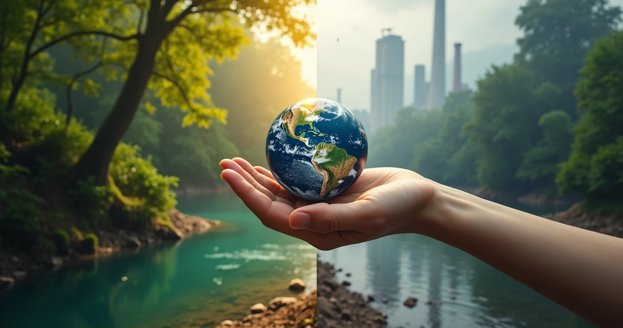 Mão segurando pequeno planeta entre floresta viva e cidade poluída 