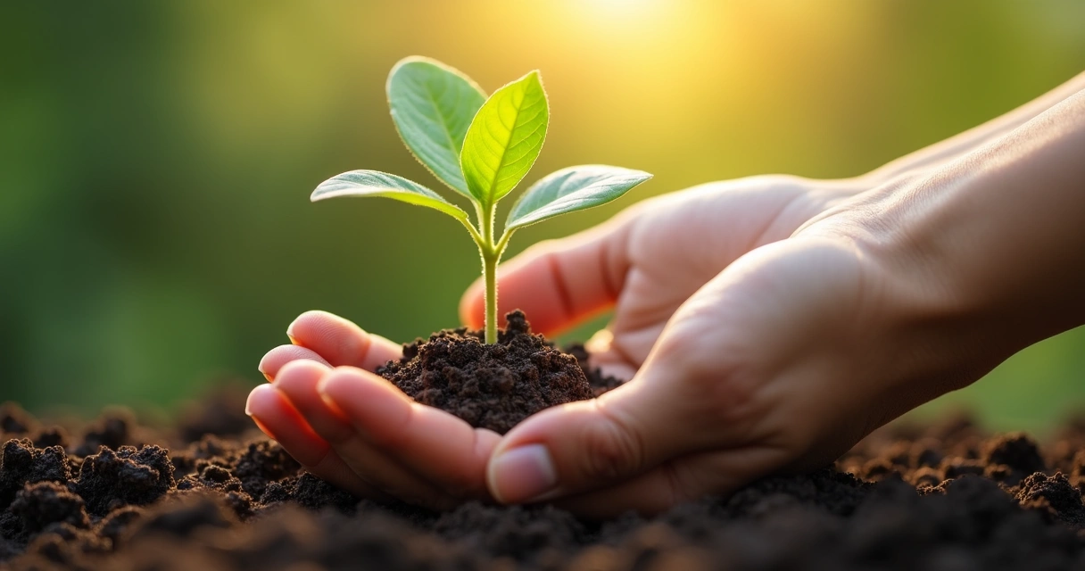 Mão humana segurando uma pequena planta que brota da terra negra 