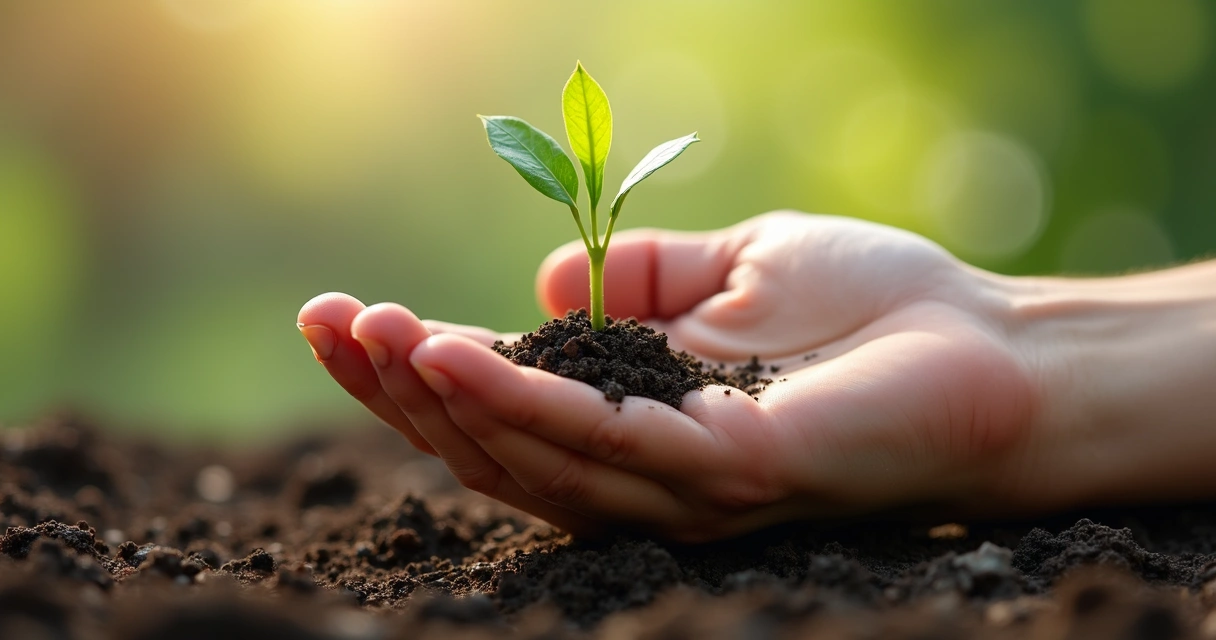 Mão segurando pequena planta crescendo