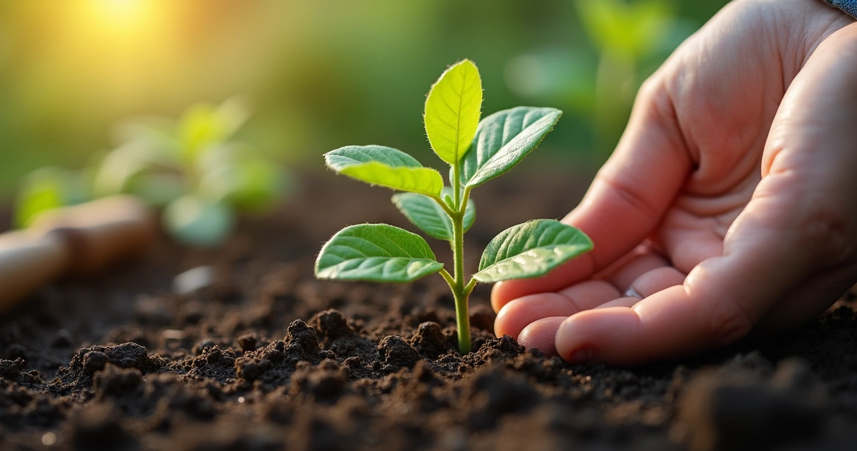 Mão cuidando de muda de planta em solo fértil