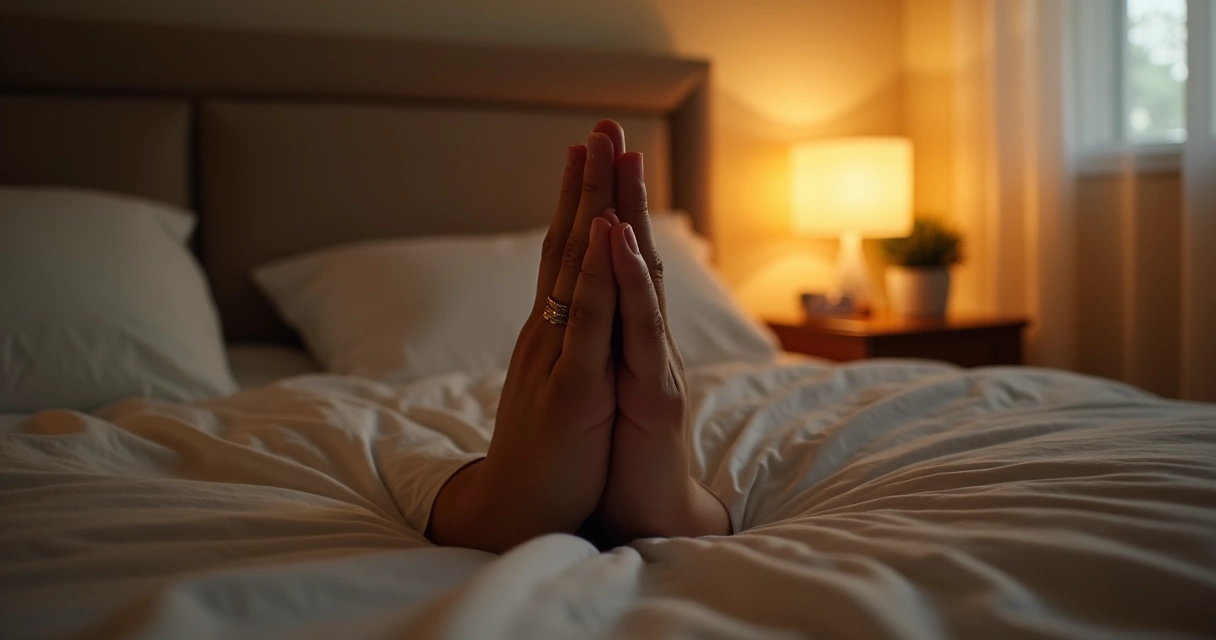 Mão em oração sobre cama com luz suave ao redor 