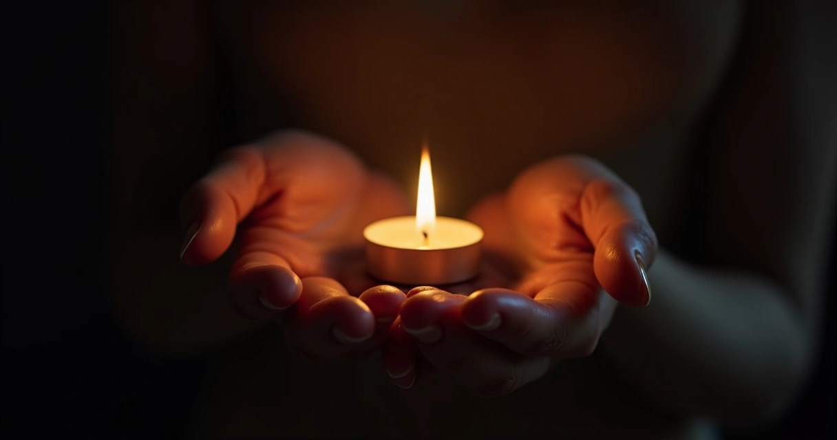 Mão segurando vela acesa à noite com fundo escuro 