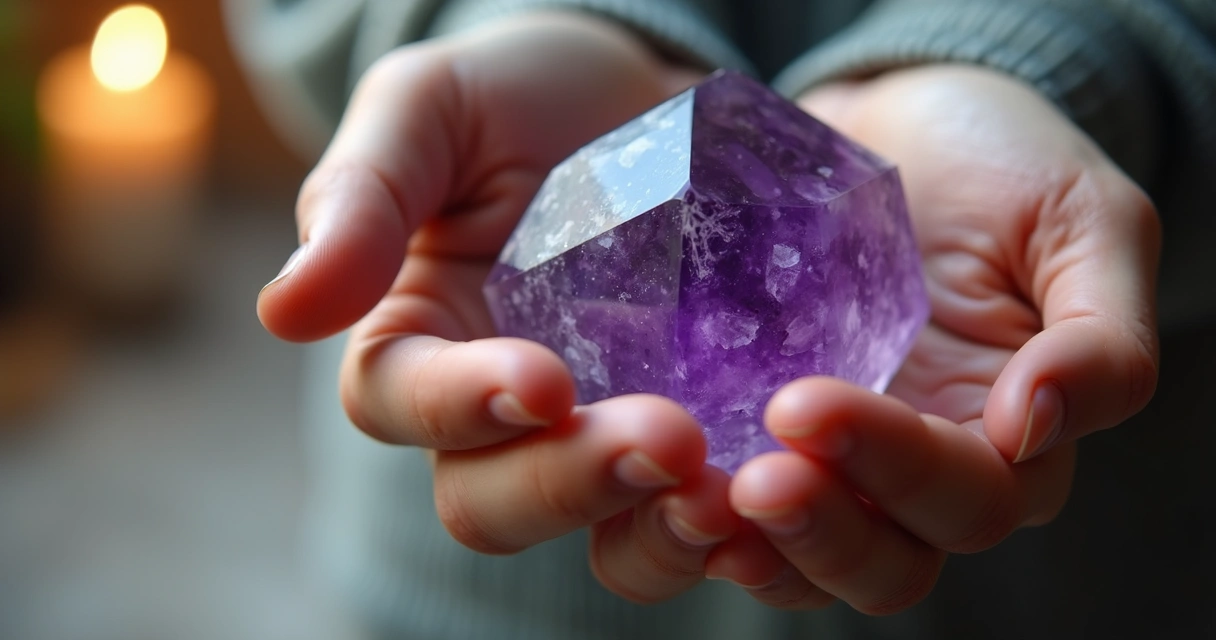 Mão segurando uma pedra de ametista polida 
