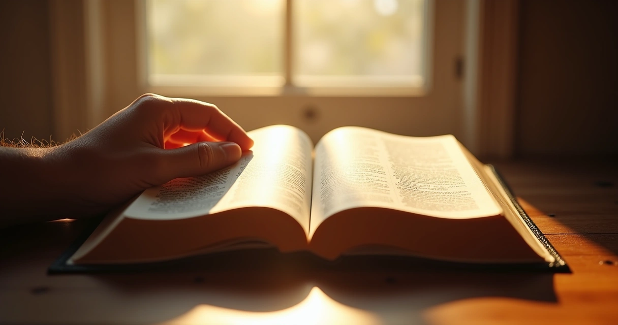 Mão segurando bíblia aberta com luz do sol ao fundo 