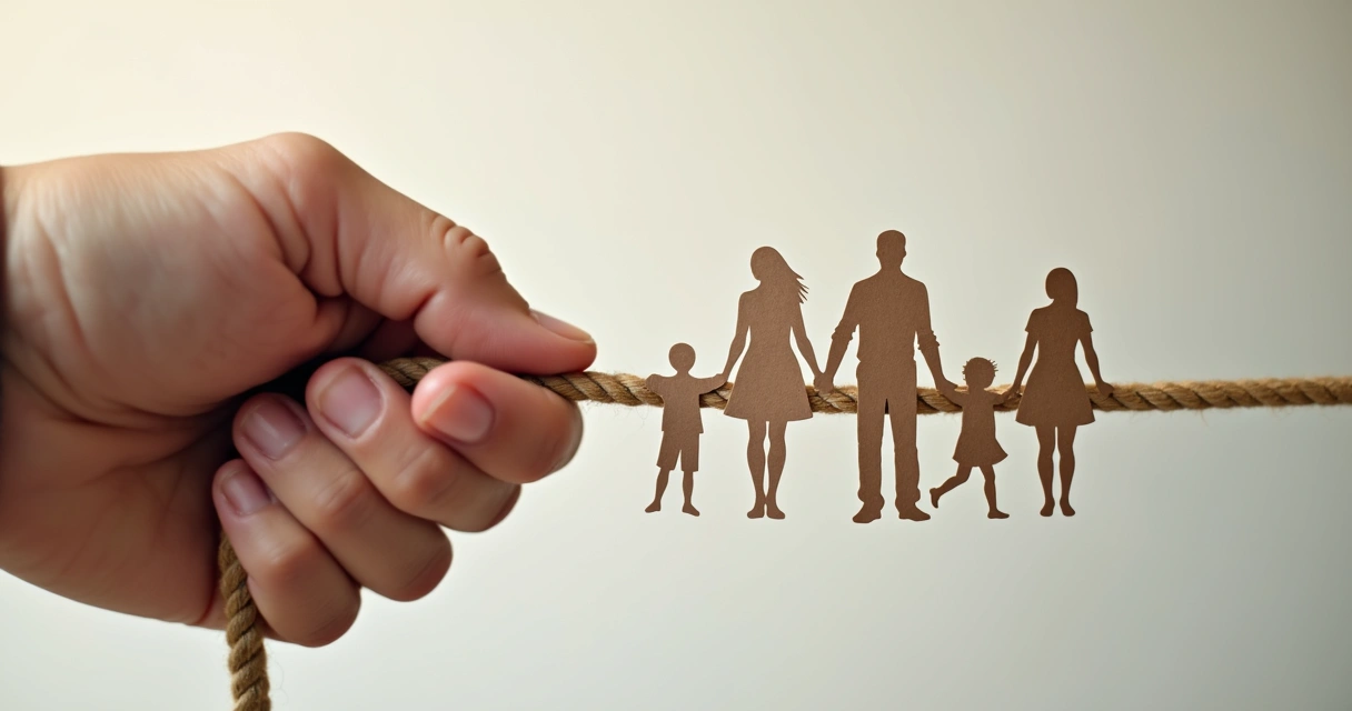 Mão segurando corda conectando recortes de pessoas em papel