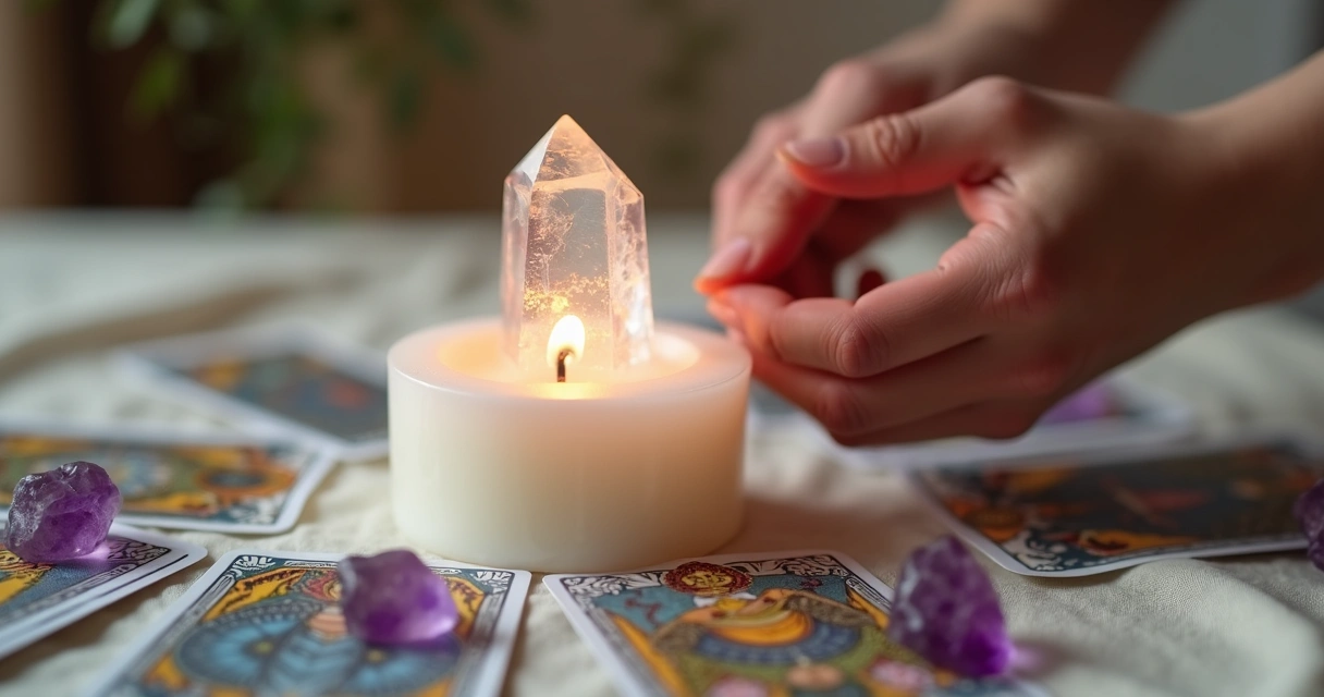Mão segurando cristal transparente perto de vela acesa 