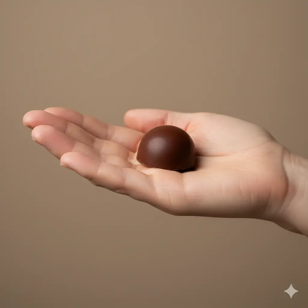Mão aberta segurando um docinho de chocolate em formato de meia esfera