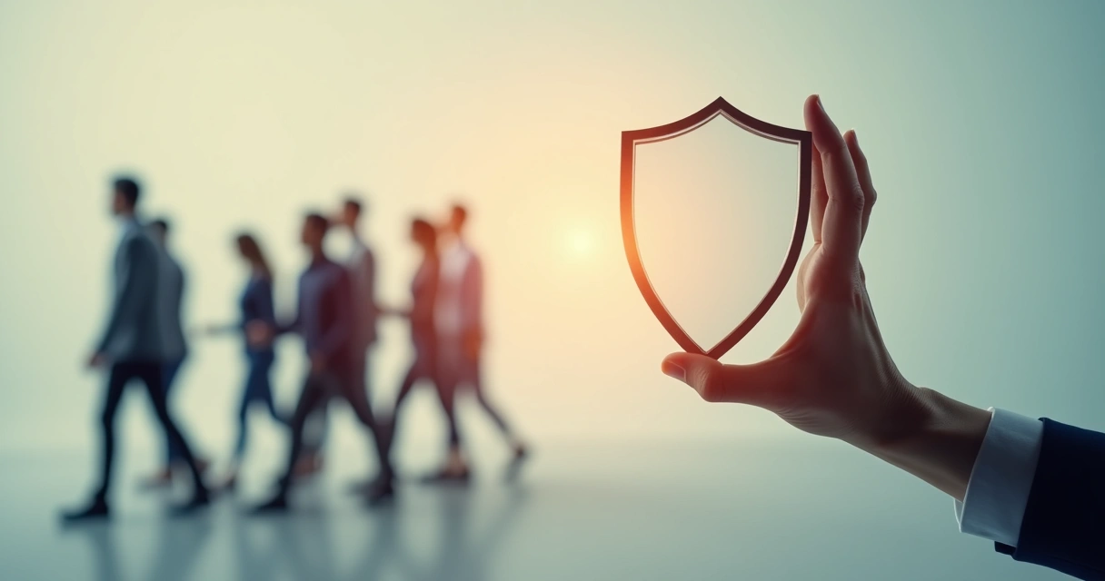 Mão segurando escudo bloqueando grupo de pessoas caminhando em direção oposta