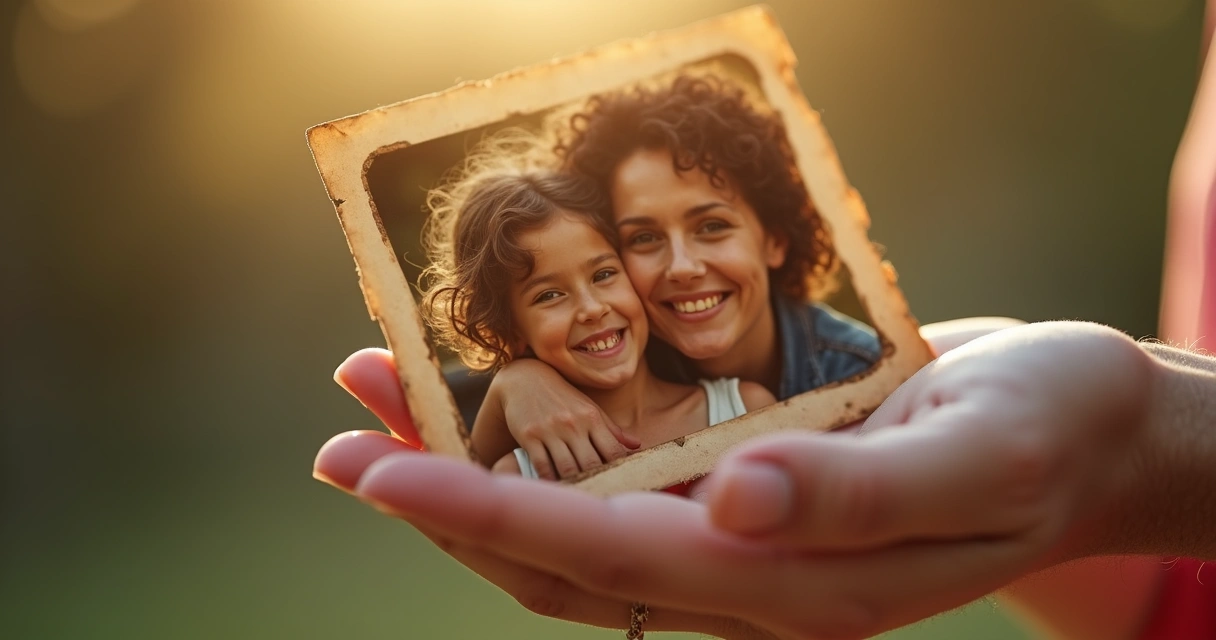 Mão segurando foto antiga de mãe e filha sorrindo, fundo desfocado 