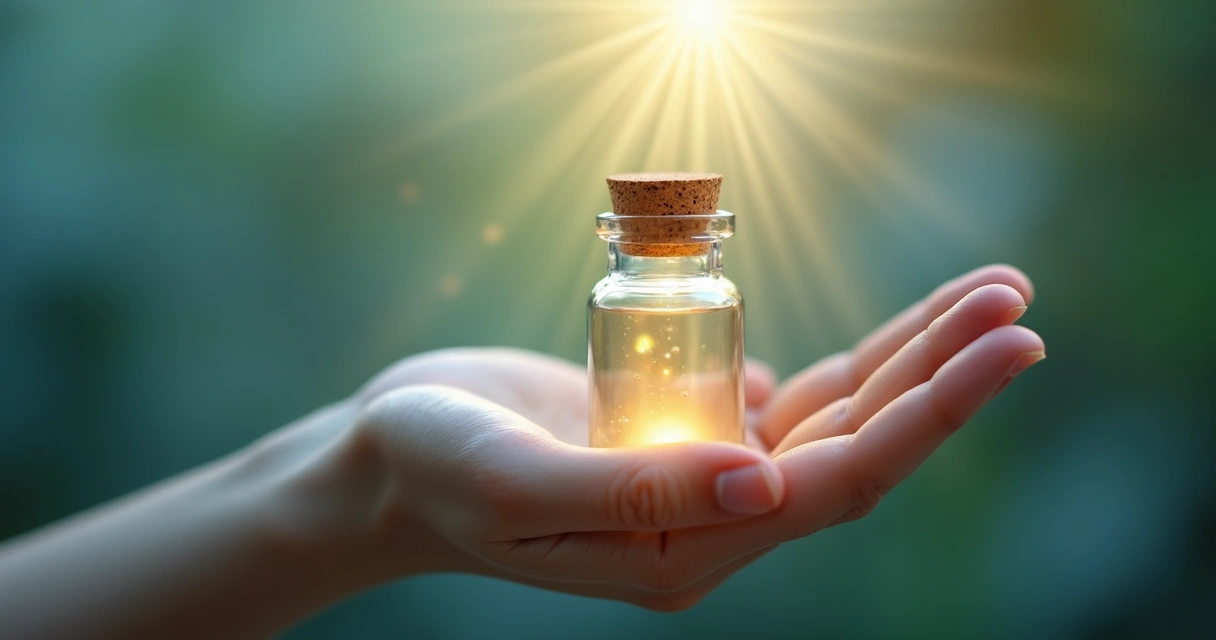 Mão segurando frasco de vidro translúcido com luz suave dentro, simbolizando esperança e cura 