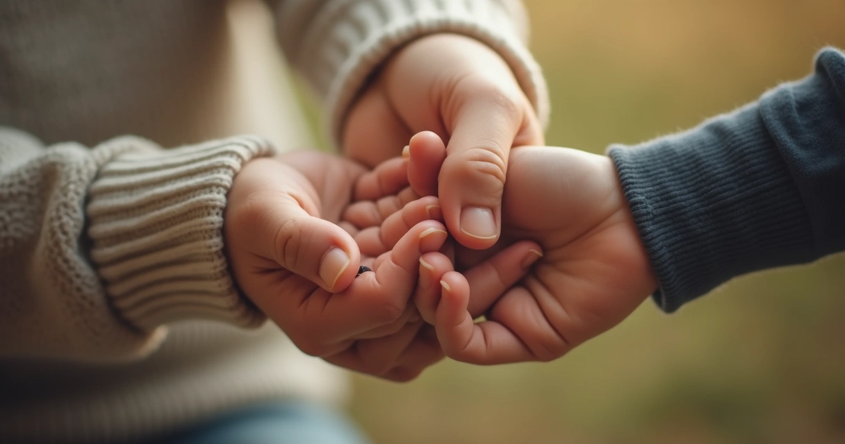 Mão de uma pessoa adulta segurando delicadamente a mão de uma criança, simbolizando apoio emocional.