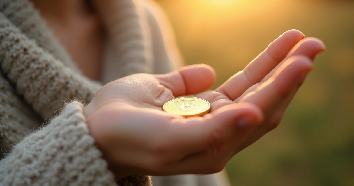 Mão segurando uma moeda dourada com luz suave de fundo 