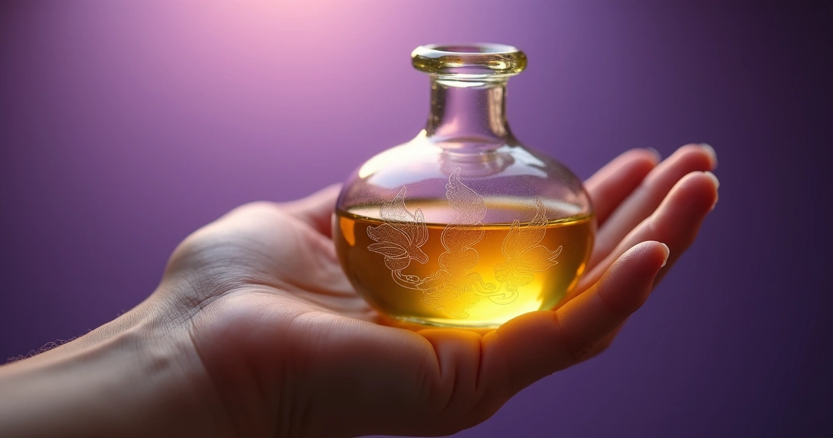 Mão segurando um recipiente de óleo sobre um fundo roxo 