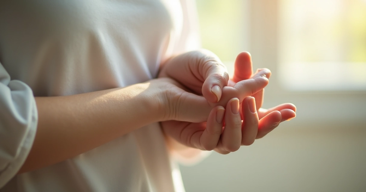 Pessoa tocando suavemente o próprio pulso durante meditação