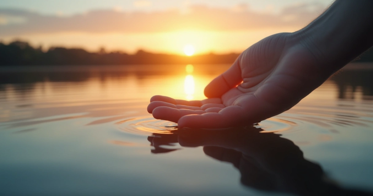 Mão aberta tocando água calma de lago 