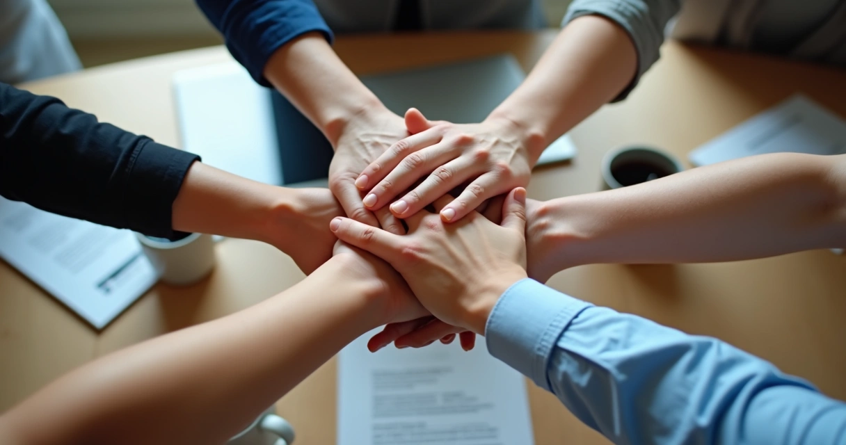Mãos sobrepostas de uma equipe pronta para agir em conjunto 