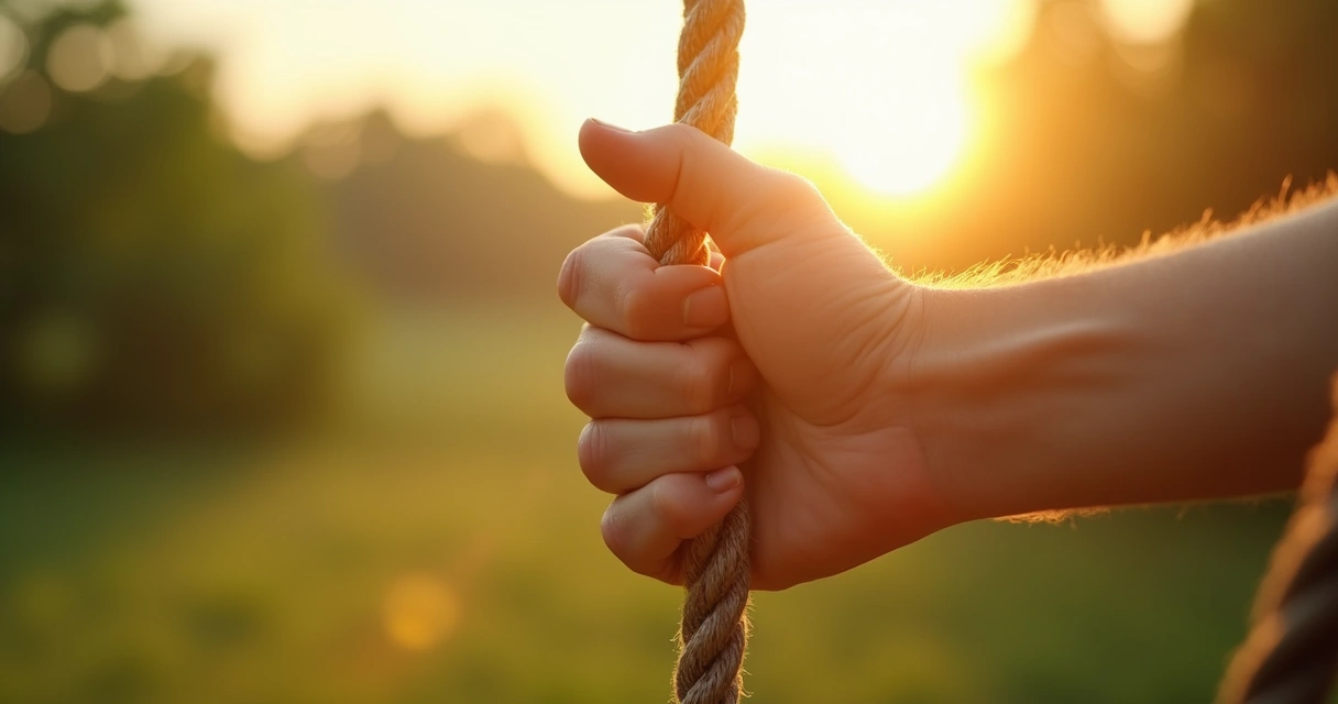Mão soltando uma corda em um ambiente claro, simbolizando alívio e liberdade 