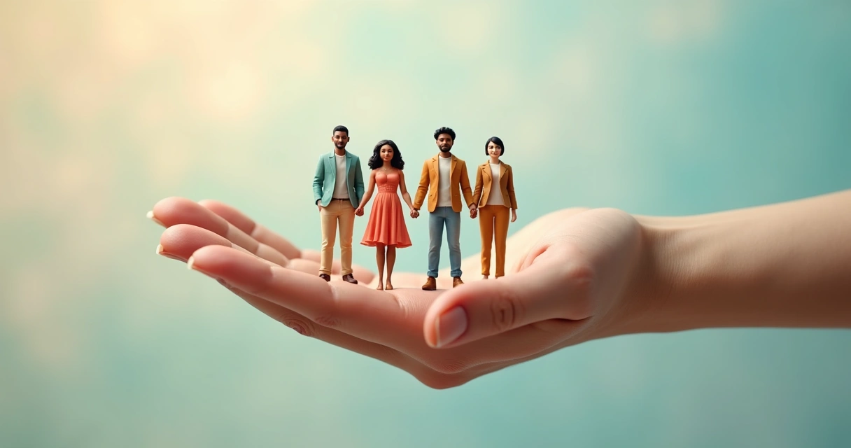 Mão aberta apoiando várias pessoas pequenas de pé em sua palma 
