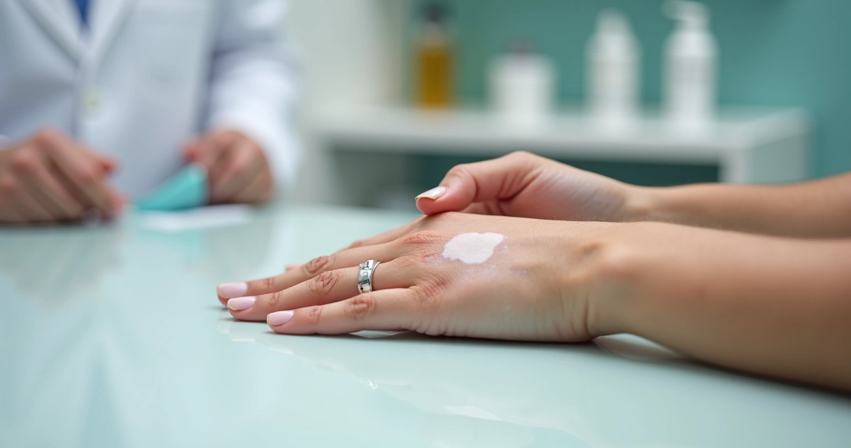 Close em mãos com vitiligo em pontas dos dedos sobre superfície médica clara 