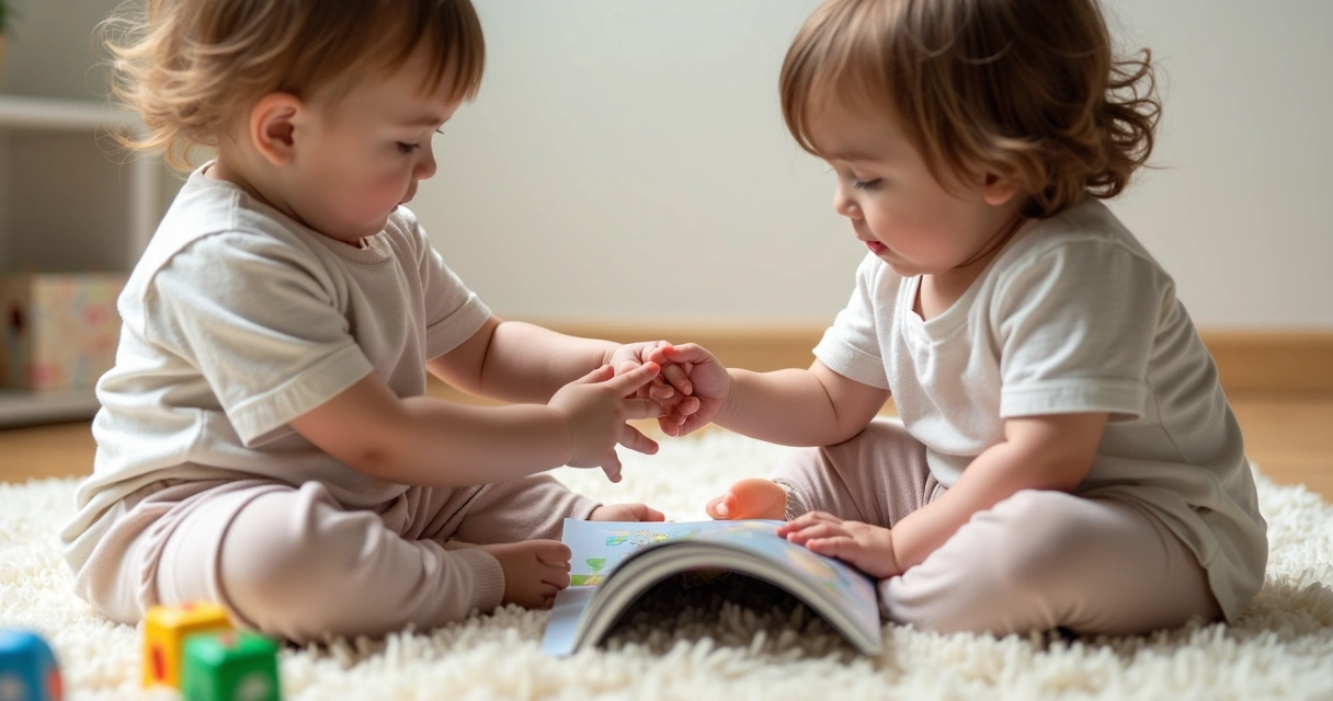 Criança pequena segurando suavemente a mão de outra criança 
