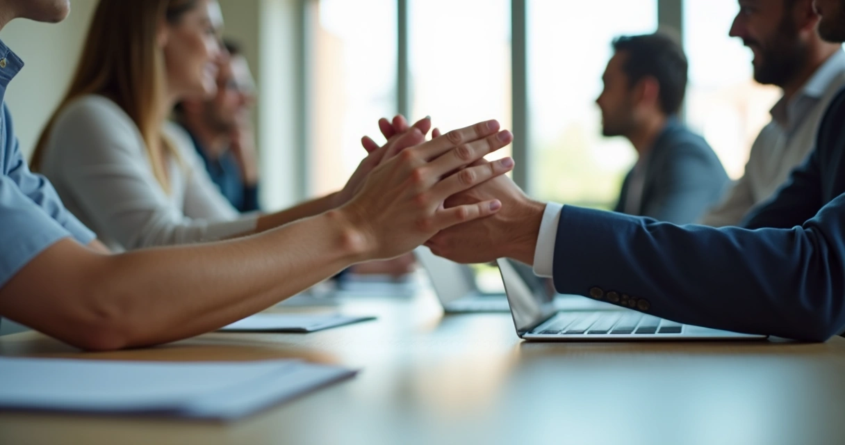 Duas mãos aplaudindo em reunião de trabalho. 