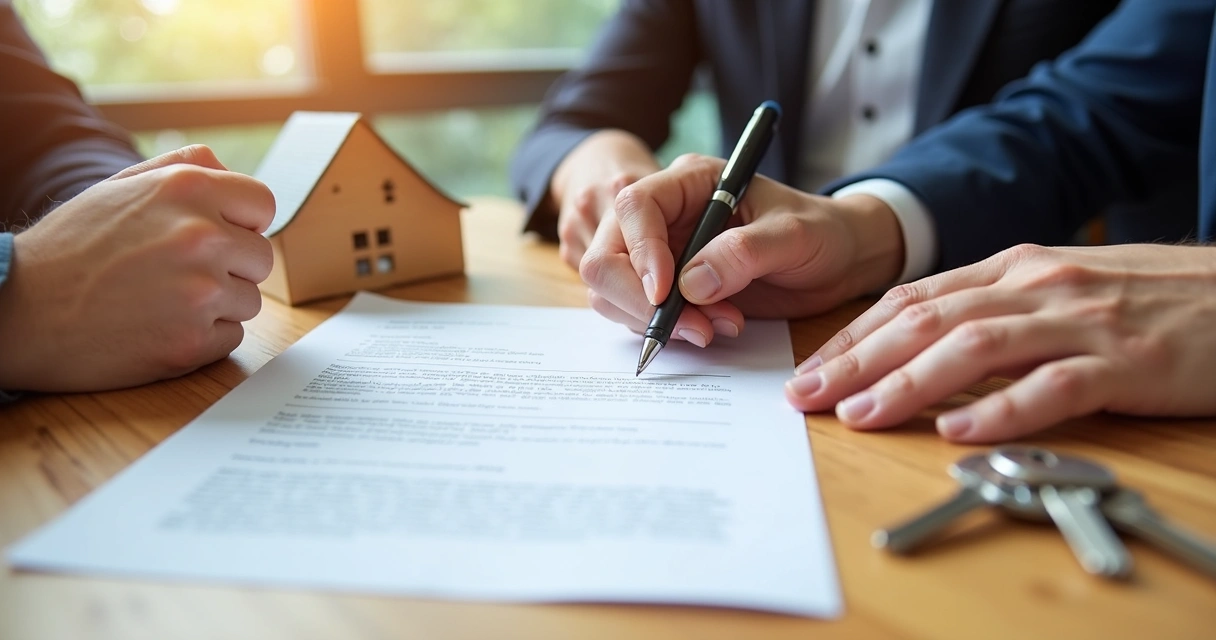 Mãos assinando contrato de compra de terreno 