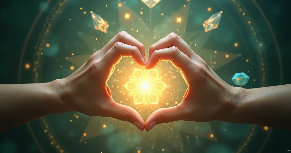 Mãos formando círculo de luz dourada em ambiente esotérico