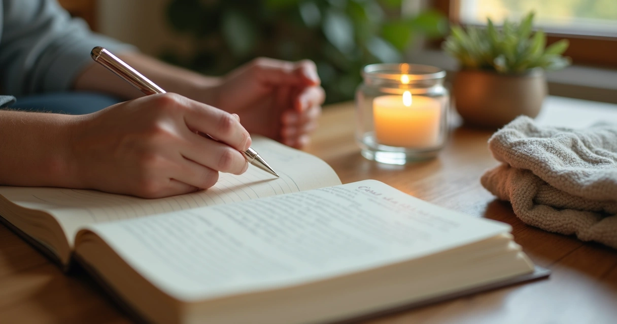 Mãos escrevendo após prática meditativa em mesa de madeira