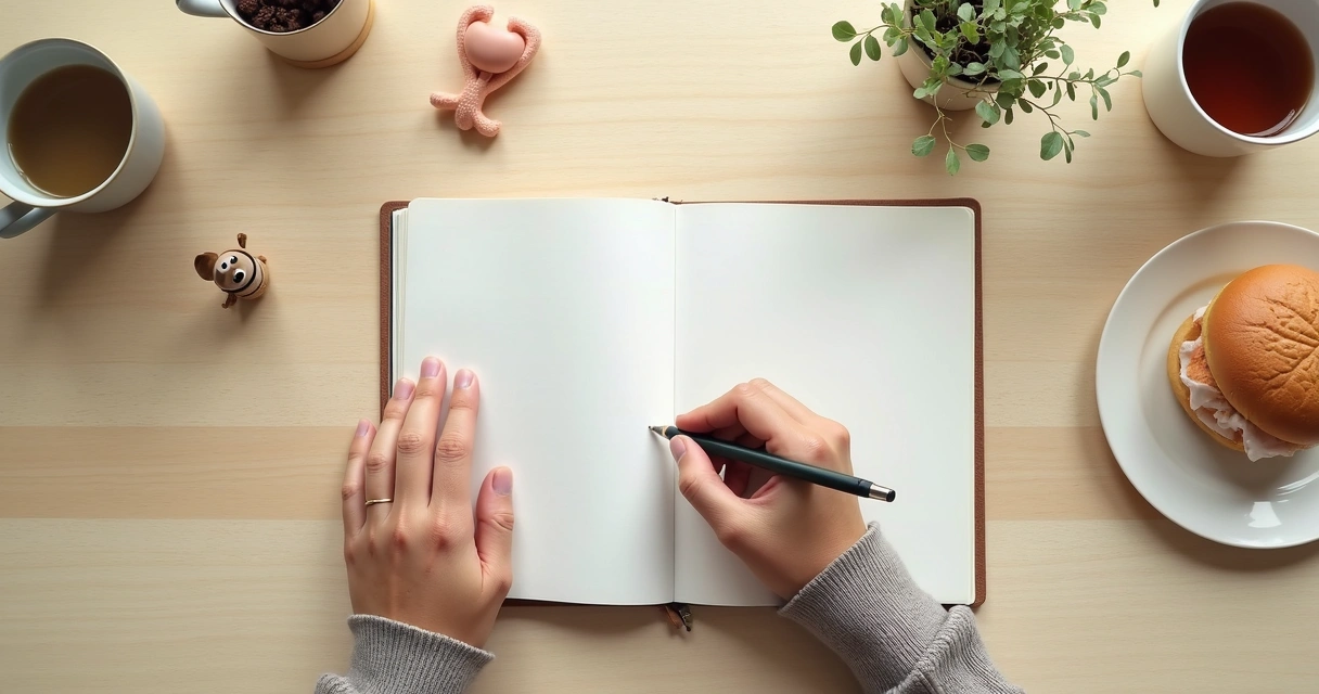 Mãos escrevendo reflexões em caderno ao lado de brinquedo infantil