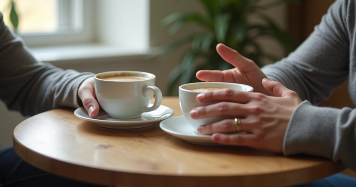 Duas mãos próximas a xícaras durante conversa calma