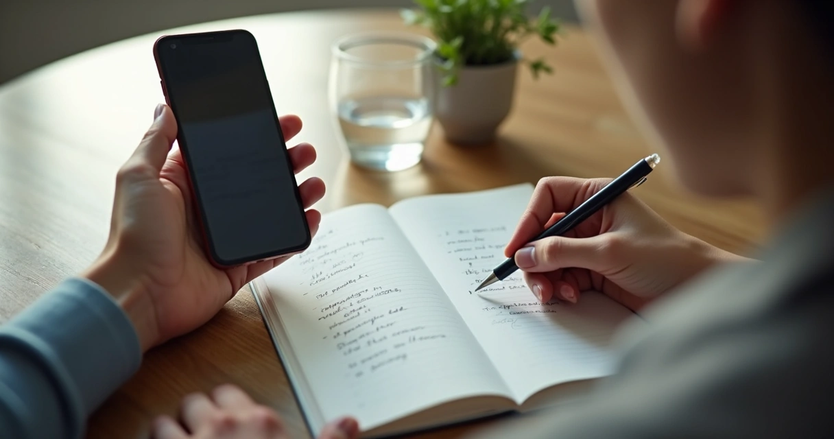 Mãos com celular e caderno de anotações 