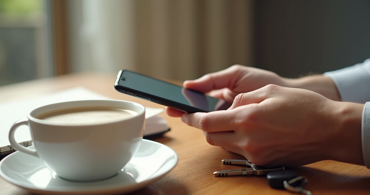 Mãos segurando celular ao lado de uma xícara de café