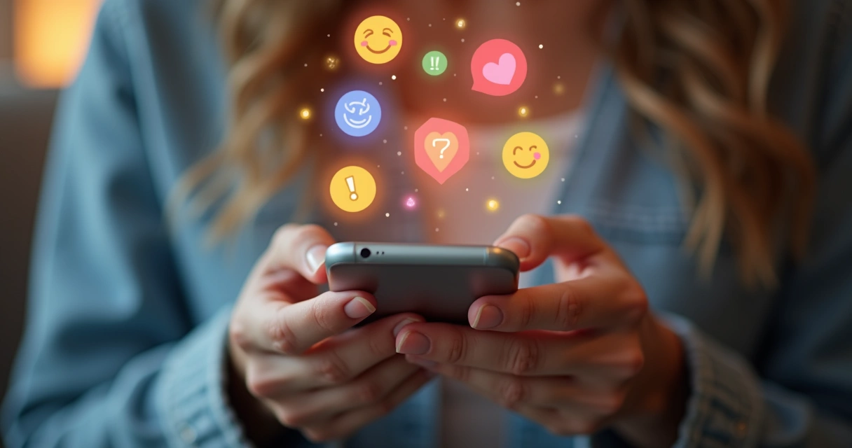 Mãos segurando celular com símbolos de emoções ao redor