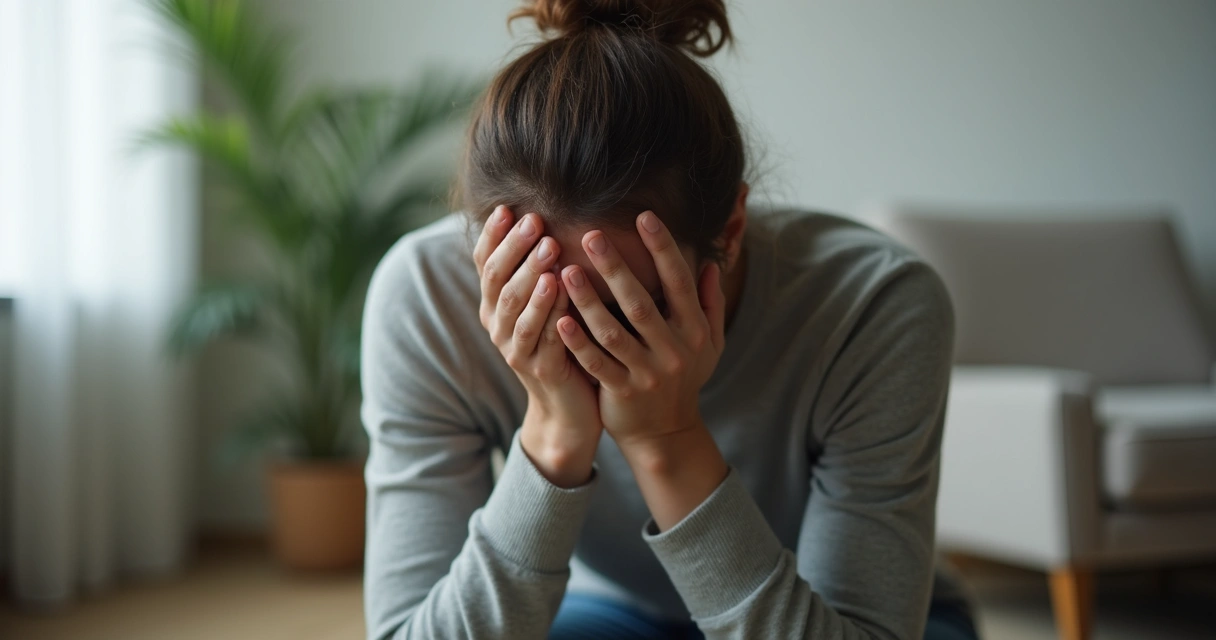 Pessoa com as mãos cobrindo o rosto em gesto de peso emocional 