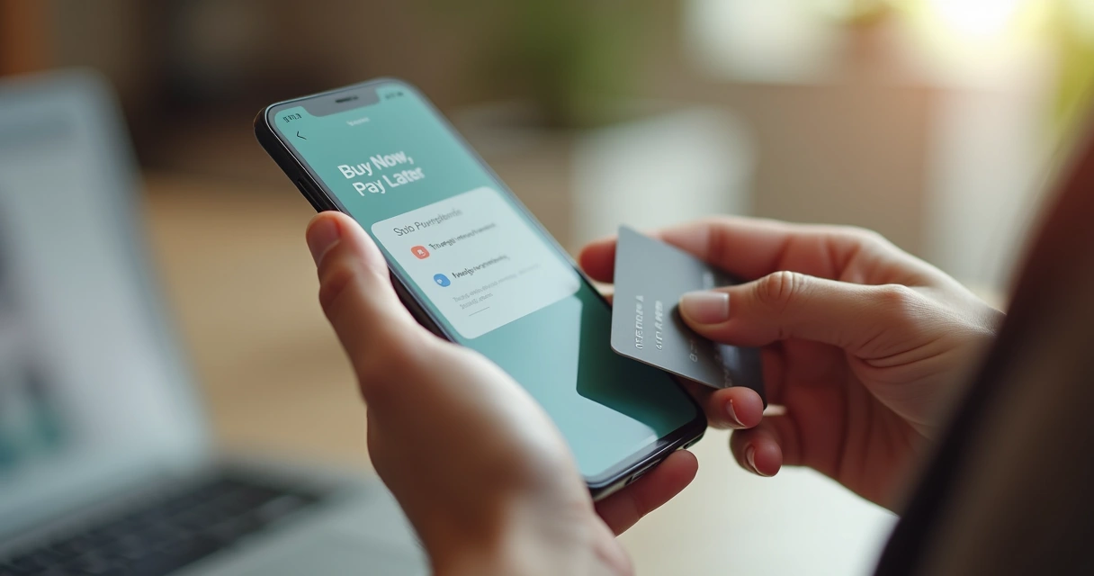Pessoa segurando celular e cartão de crédito, olhando para tela com dúvida