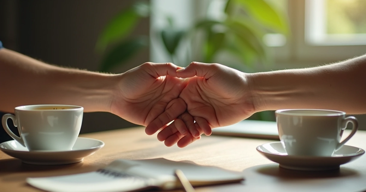 Duas mãos se tocando sobre uma mesa, simbolizando acordo após conversa
