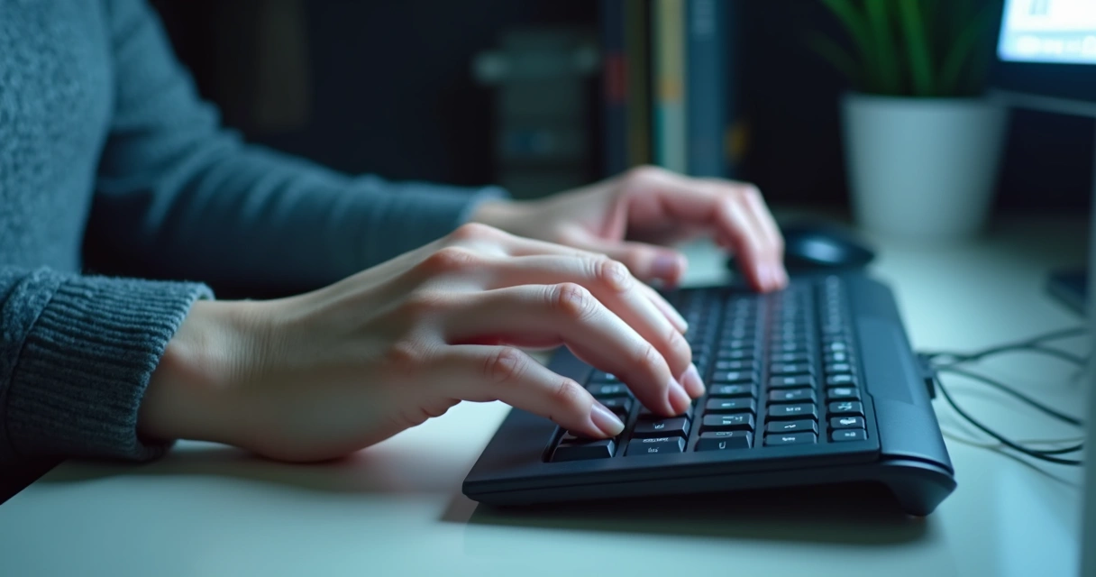 Mãos femininas usando teclado de computador com postura ergonomicamente errada, indicando risco de formigamento 