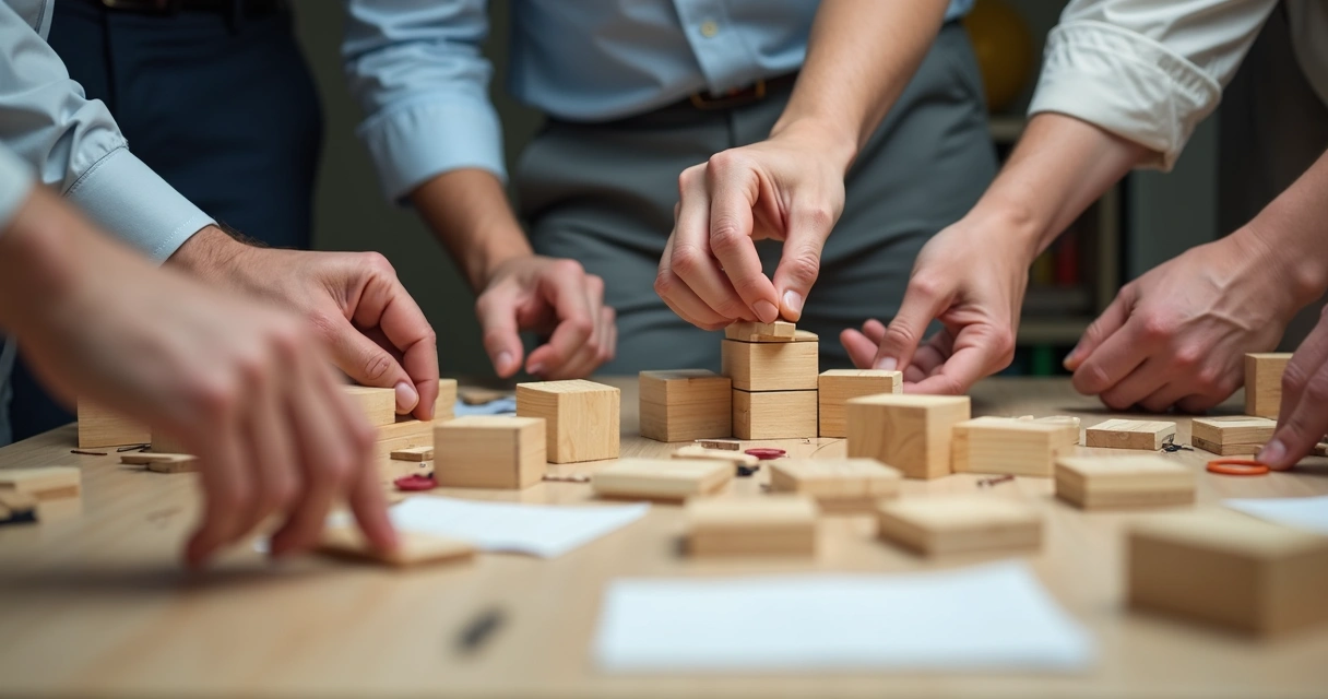 Mãos de participantes montando estrutura coletiva em silêncio 