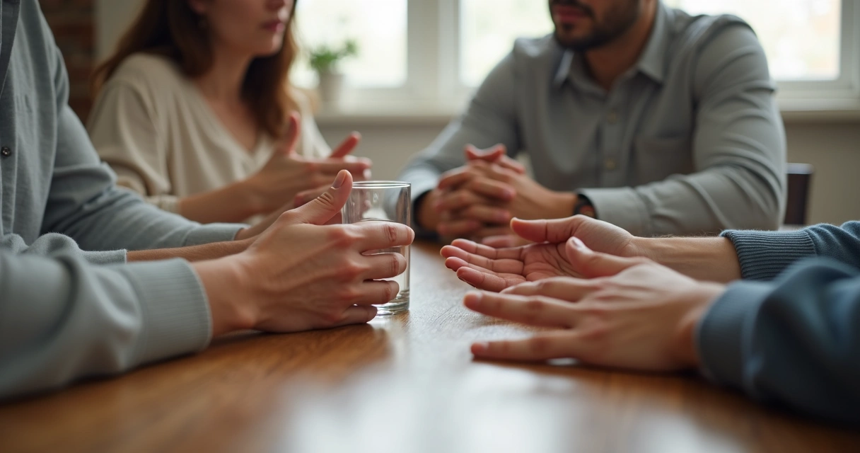 Mãos de familiares durante conversa delicada 
