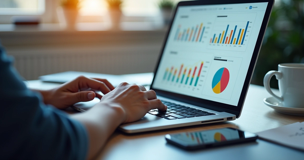 Mãos digitando em notebook com gráficos de CRM na tela 