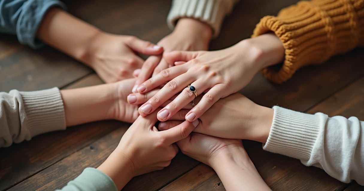 Quatro mãos de diferentes idades unidas no centro de uma mesa de madeira 