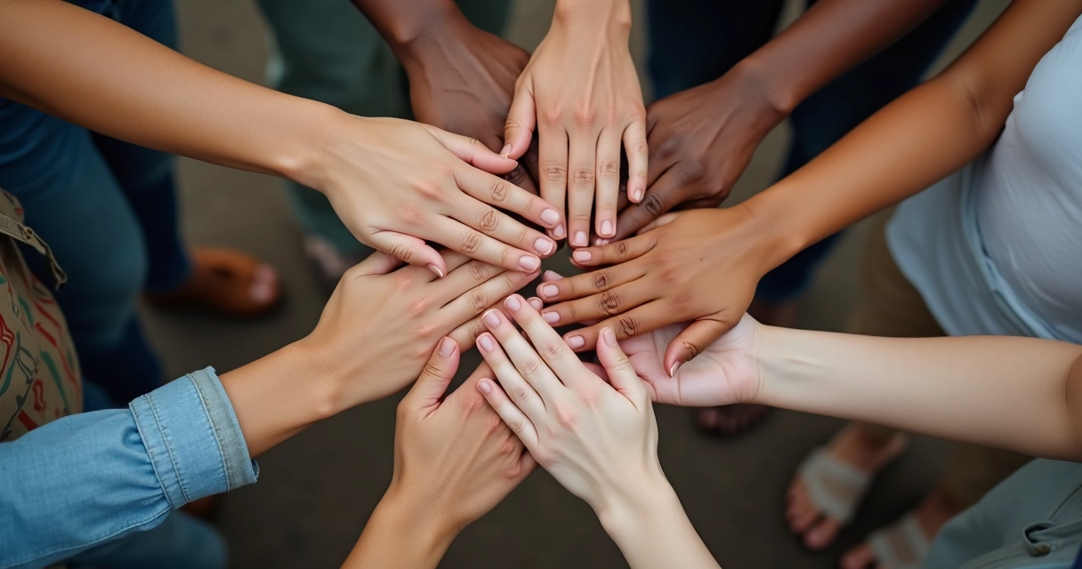 Mãos dadas de pessoas de diferentes idades formando roda 