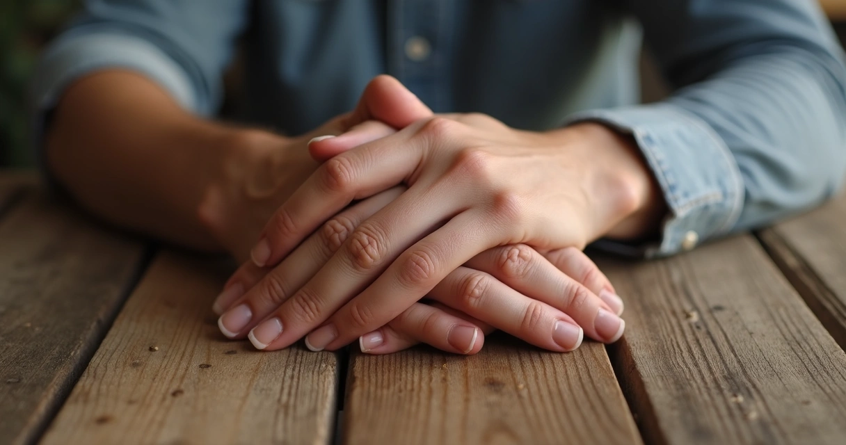 Mãos de casal entrelaçadas sobre uma mesa de madeira, demonstrando conexão e apoio mútuo.